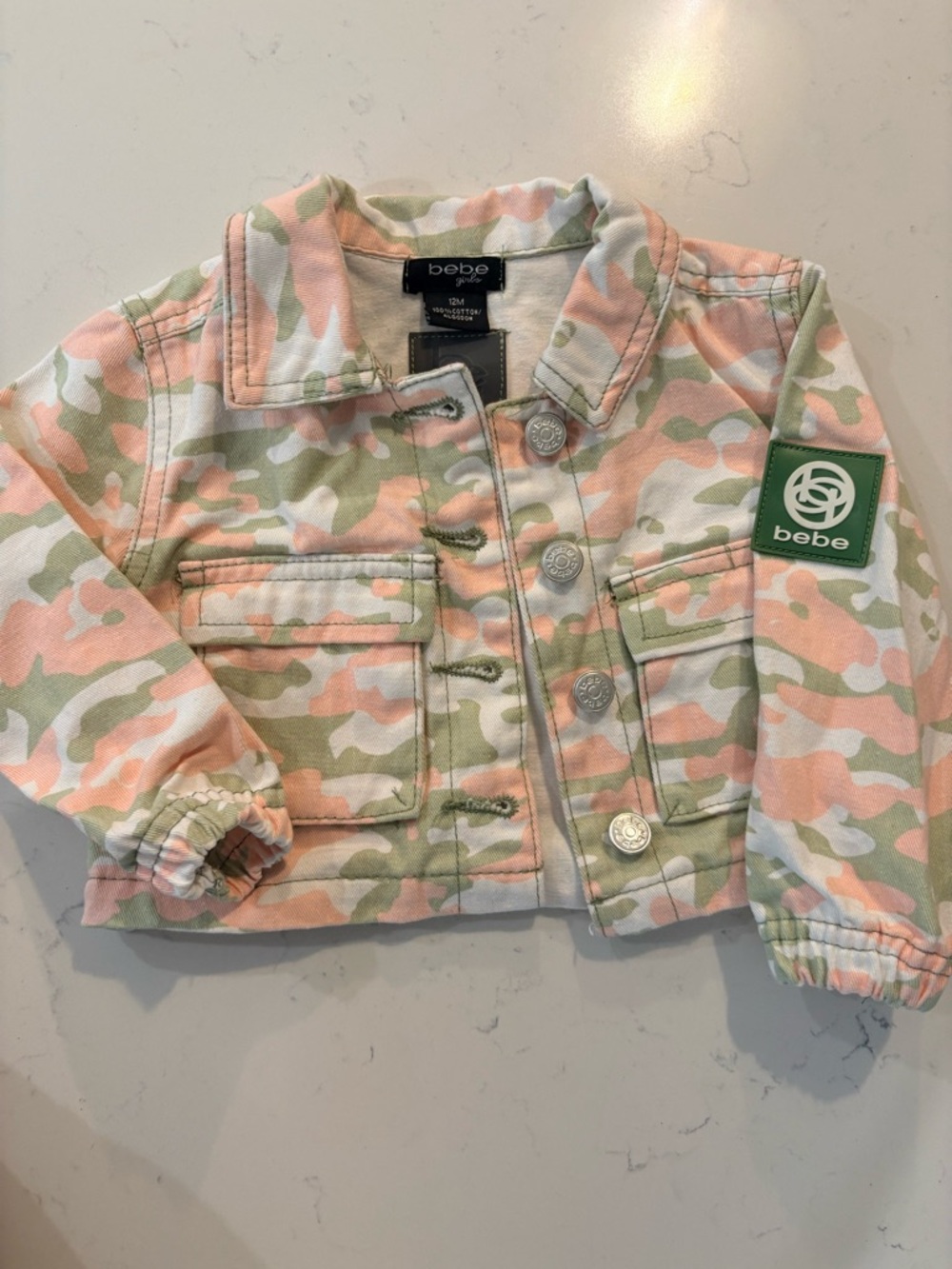 Bebe Girls Pastel Camo Denim Trucker Jacket Pink & Green 12M